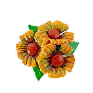 Vintage Flower Metal Enamel Brooch Pin Orange Green Floral